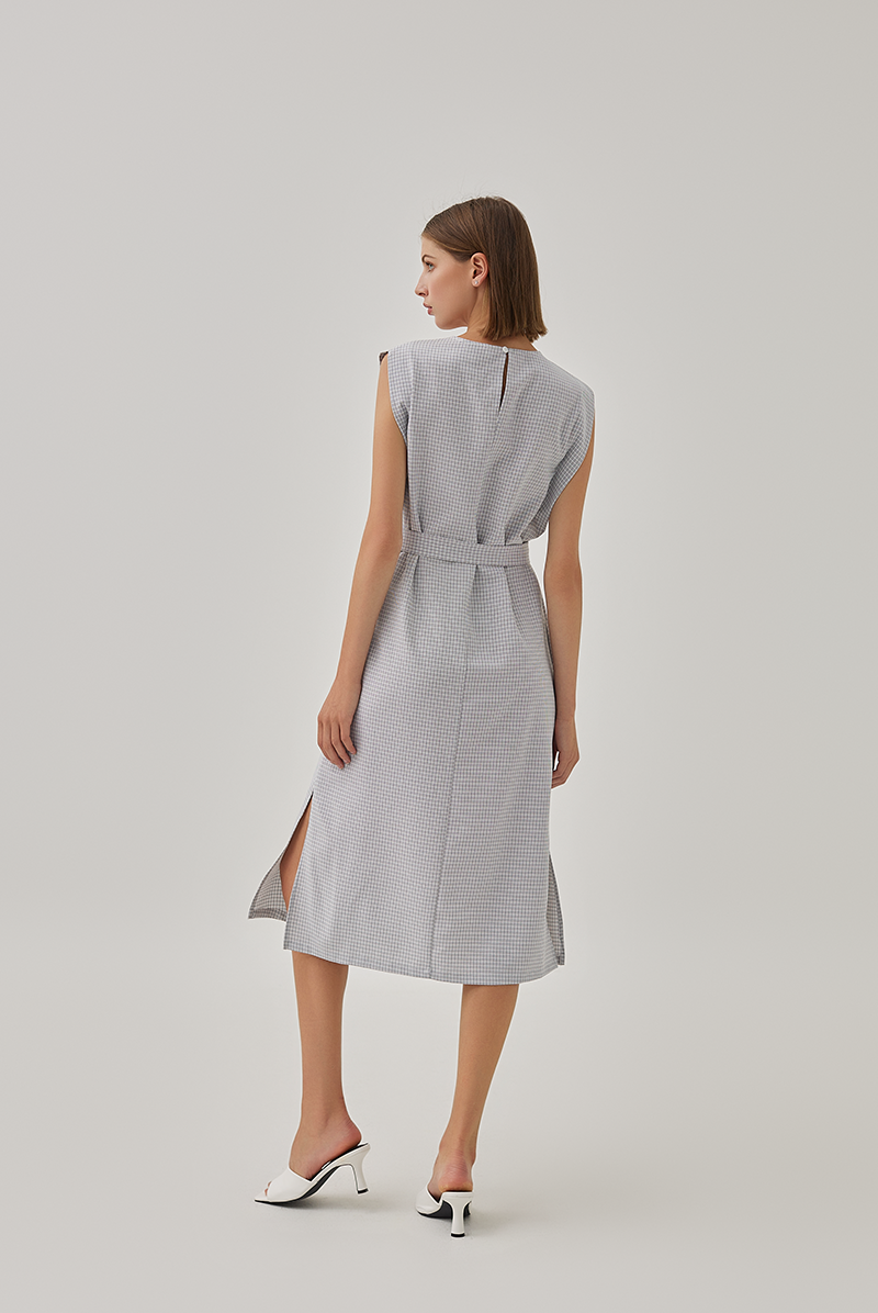 Brooklyn Checkered Side Slit Midi Dress in Grey