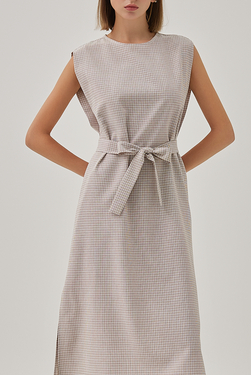 Brooklyn Checkered Side Slit Midi Dress in Camel