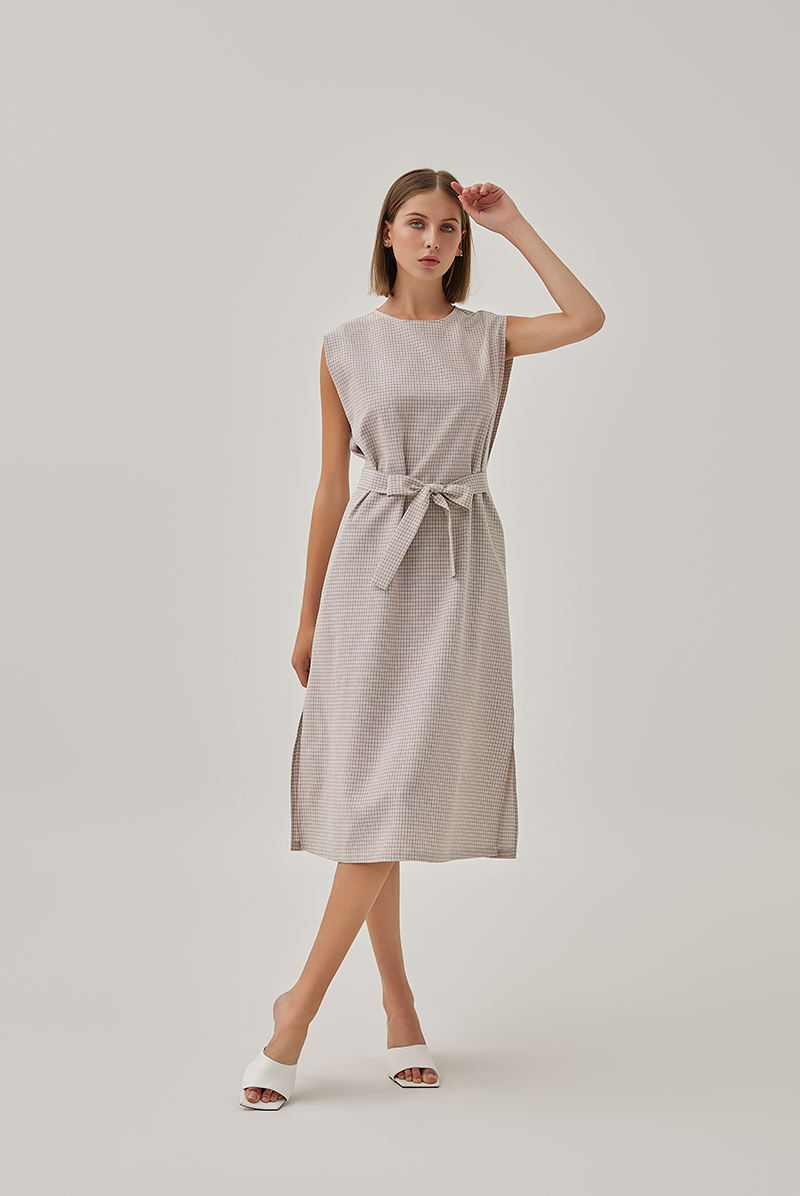 Brooklyn Checkered Side Slit Midi Dress in Camel