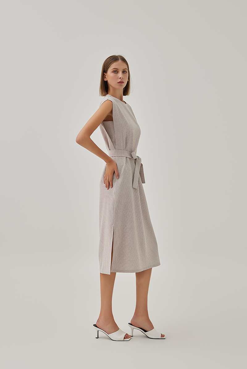Brooklyn Checkered Side Slit Midi Dress in Camel