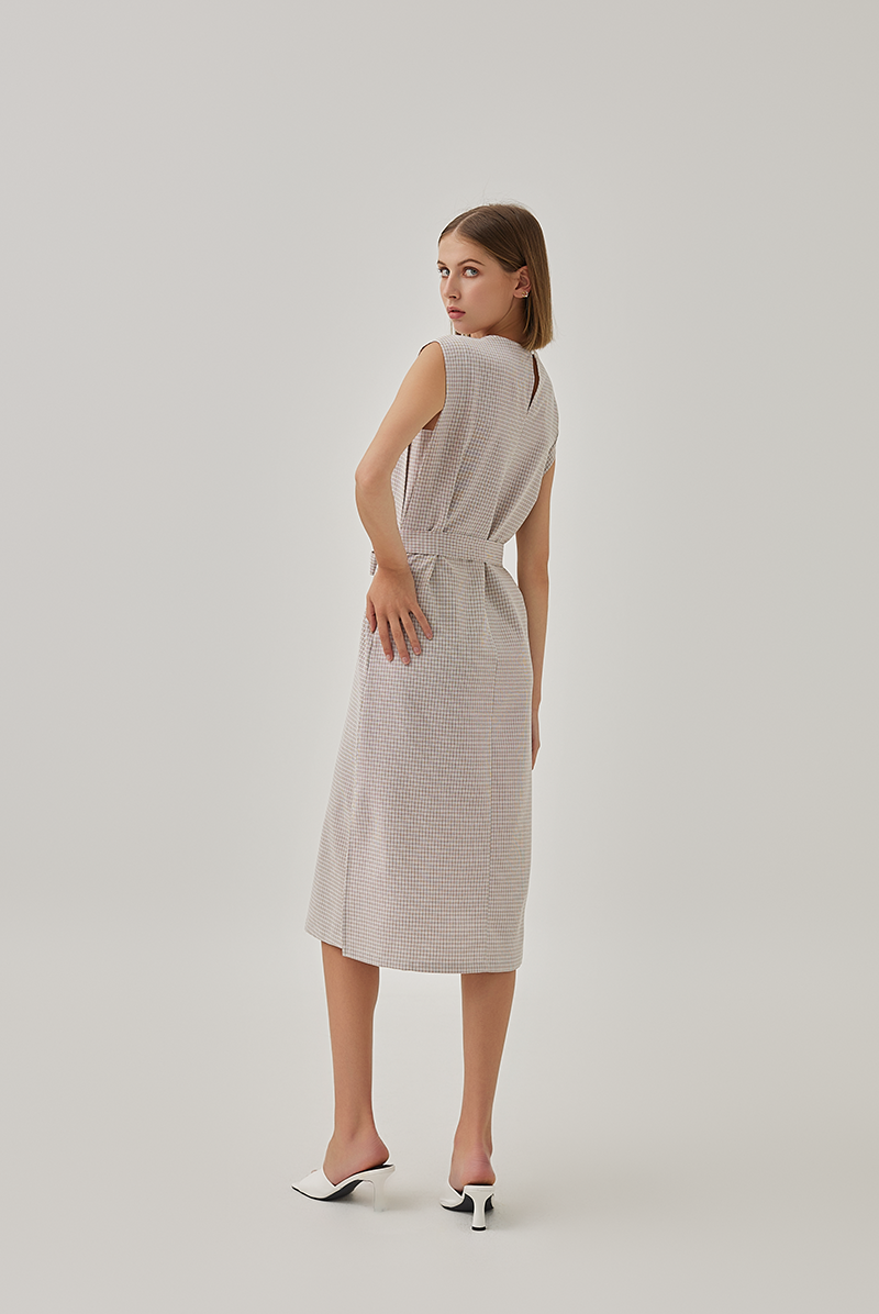 Brooklyn Checkered Side Slit Midi Dress in Camel