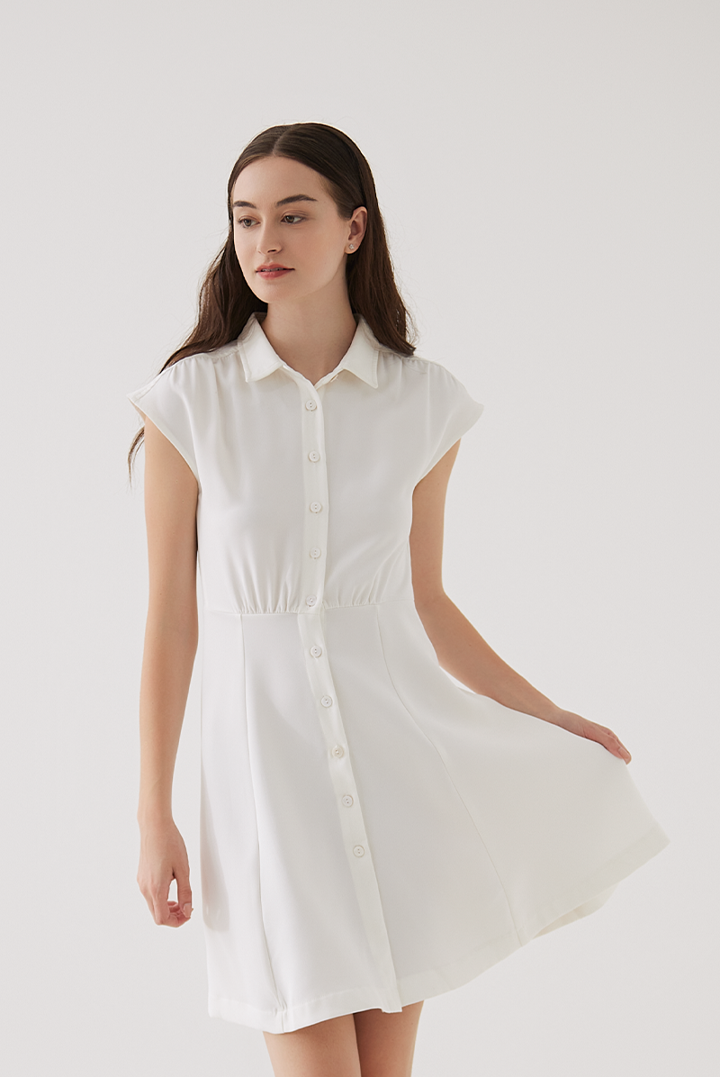 Fawn Cap Sleeves A-Line Dress in White