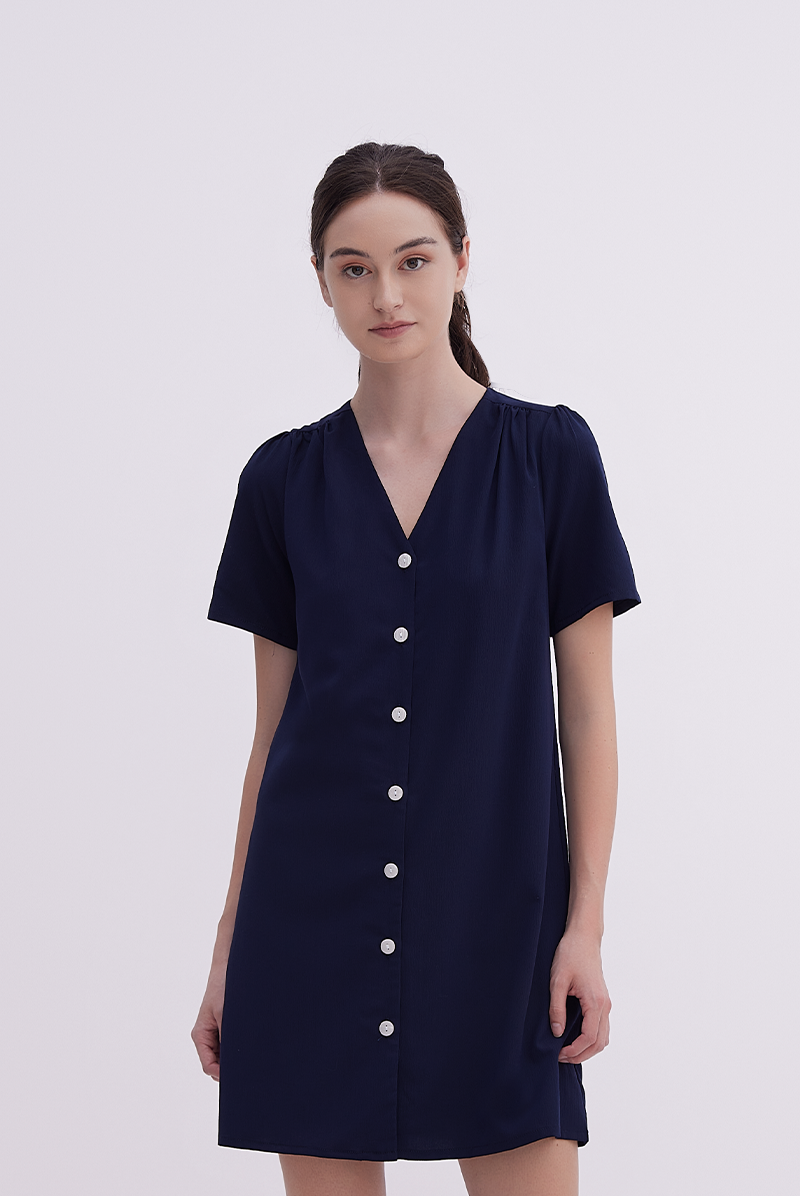 Jelani Ruched Shift Dress in Navy Blue