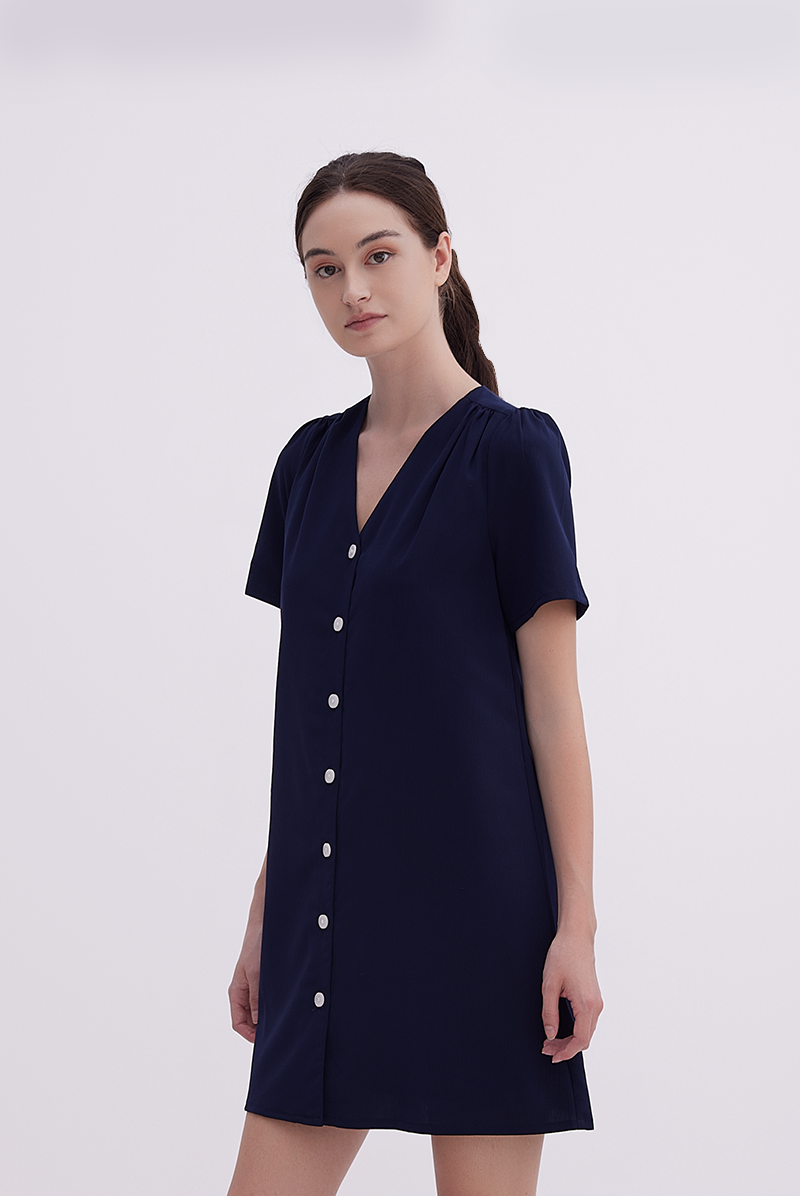 Jelani Ruched Shift Dress in Navy Blue