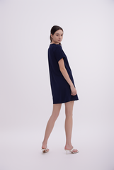 Jelani Ruched Shift Dress in Navy Blue
