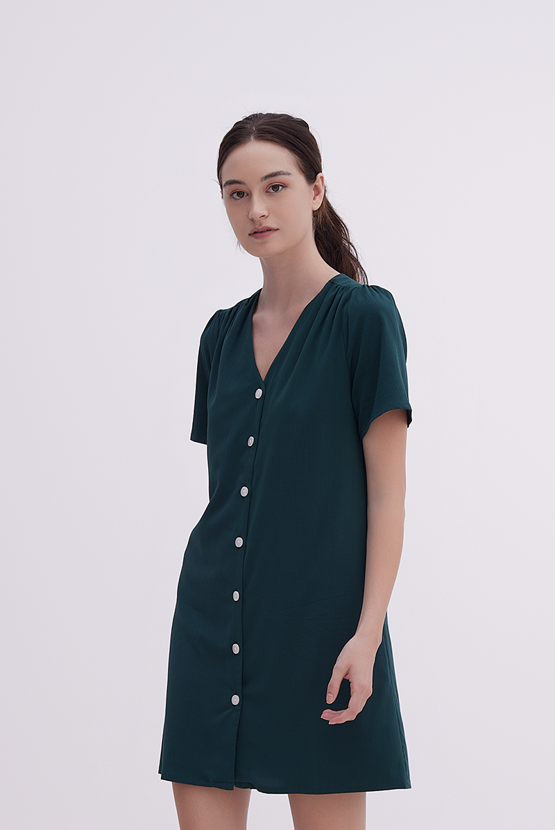 Jelani Ruched Shift Dress in Pine