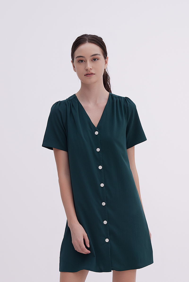 Jelani Ruched Shift Dress in Pine