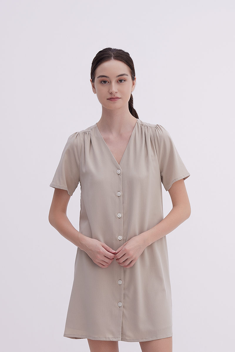 Jelani Ruched Shift Dress in Taupe