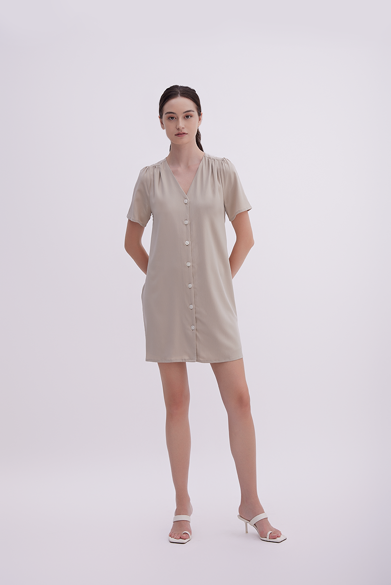 Jelani Ruched Shift Dress in Taupe