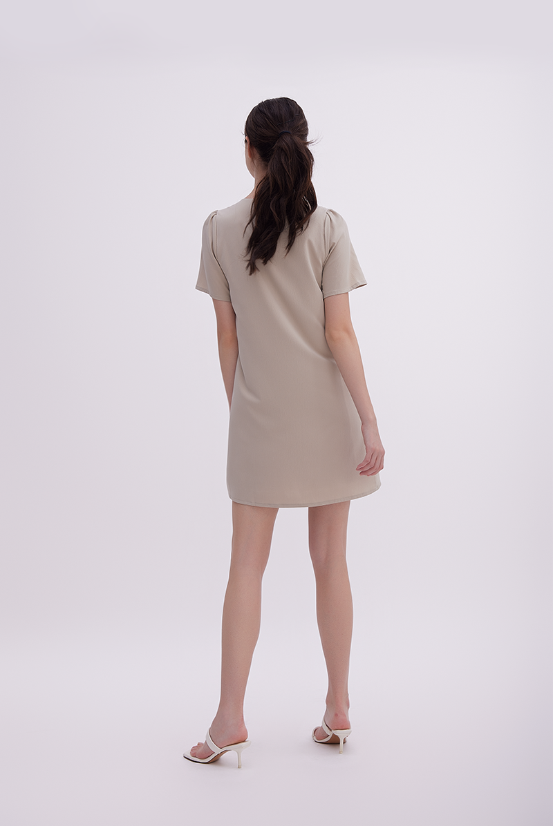 Jelani Ruched Shift Dress in Taupe