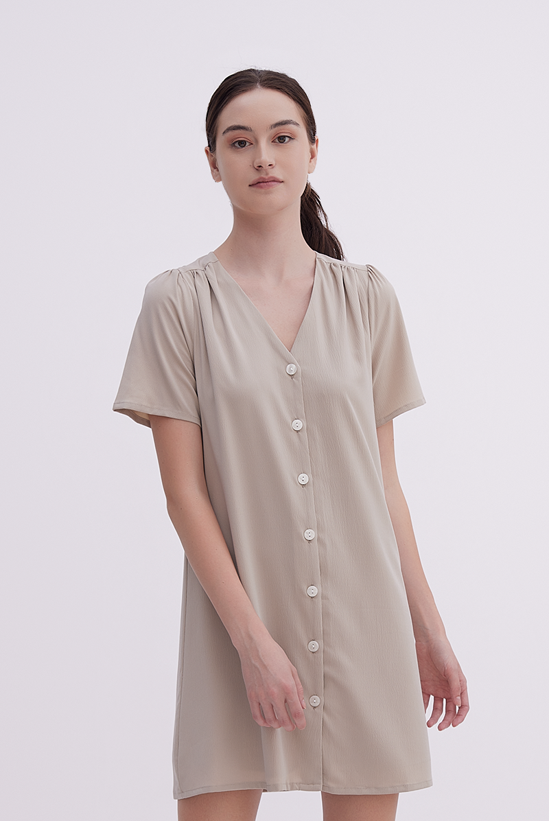 Jelani Ruched Shift Dress in Taupe