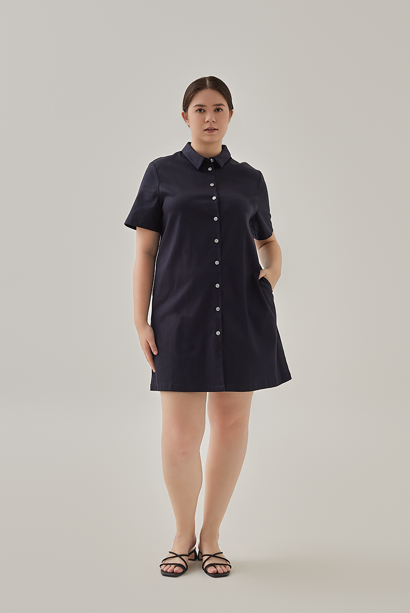 Lacey Button Down Shirt Dress in Navy Blue