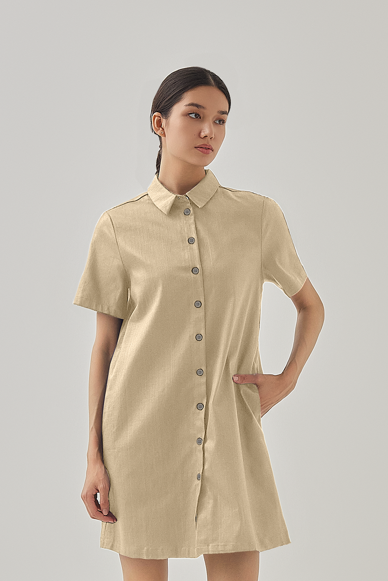 Lacey Button Down Shirt Dress in Oatmeal