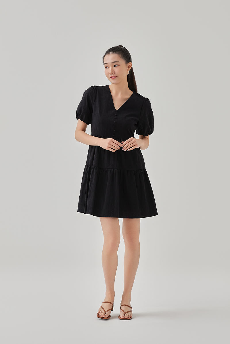 Zephyra V-Neck Tiered Dress in Black