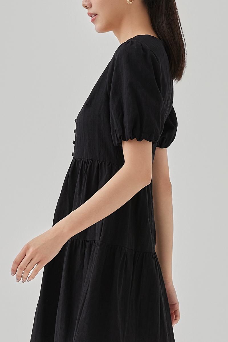 Zephyra V-Neck Tiered Dress in Black