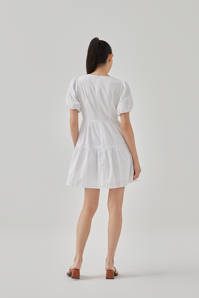 Zephyra V-Neck Tiered Dress in White