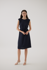 Madeline Shoulder Padded Dress in Navy Blue