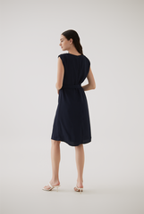 Madeline Shoulder Padded Dress in Navy Blue