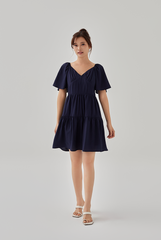 Kimberly V-Neck Tiered Dress in Dark Blue