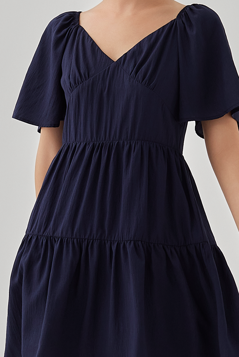 Kimberly V-Neck Tiered Dress in Dark Blue