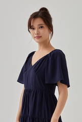 Kimberly V-Neck Tiered Dress in Dark Blue