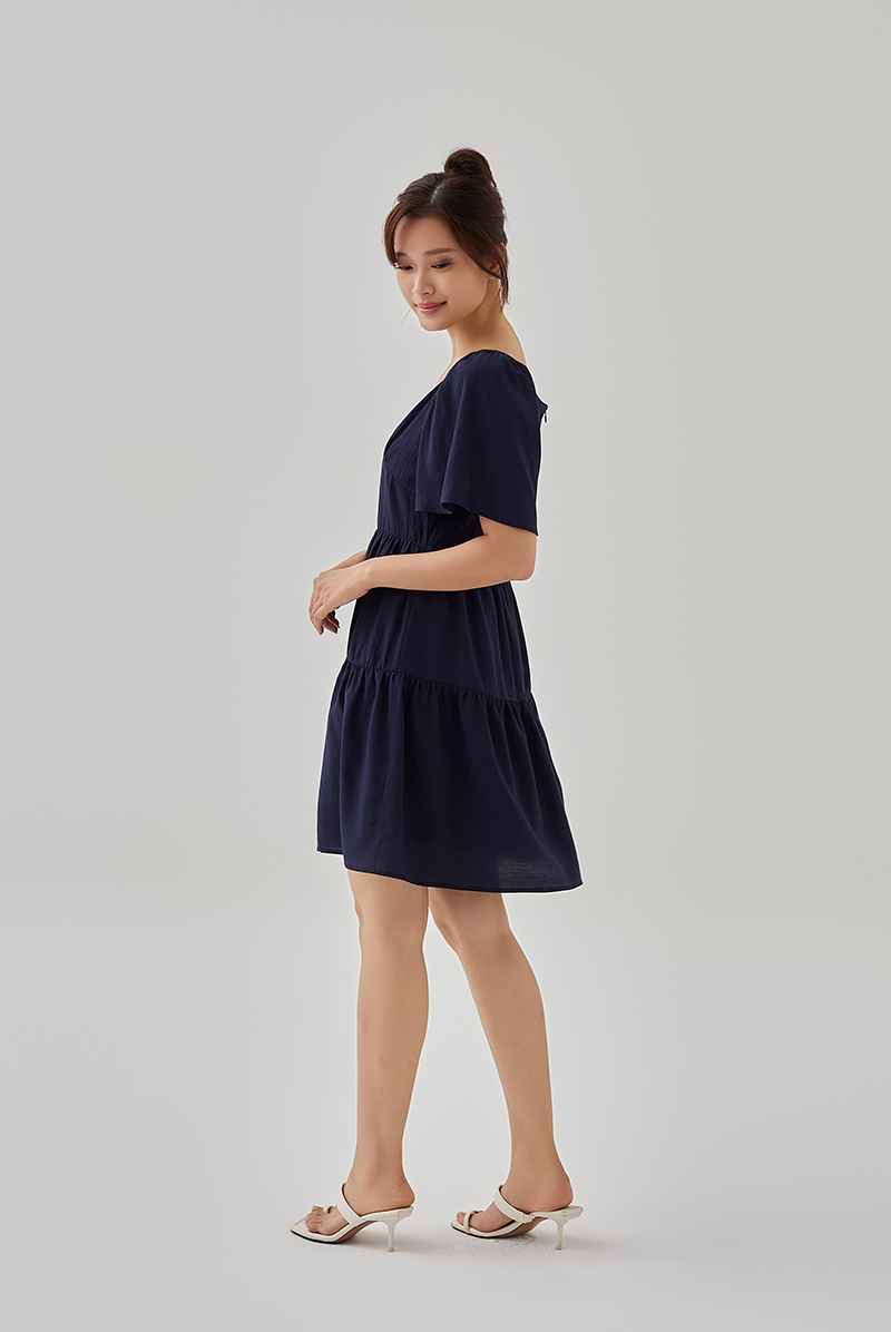 Kimberly V-Neck Tiered Dress in Dark Blue