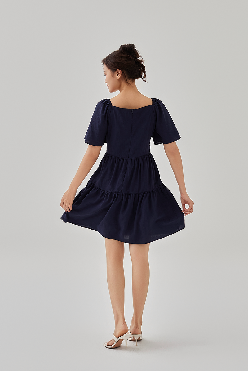 Kimberly V-Neck Tiered Dress in Dark Blue