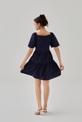 Kimberly V-Neck Tiered Dress in Dark Blue