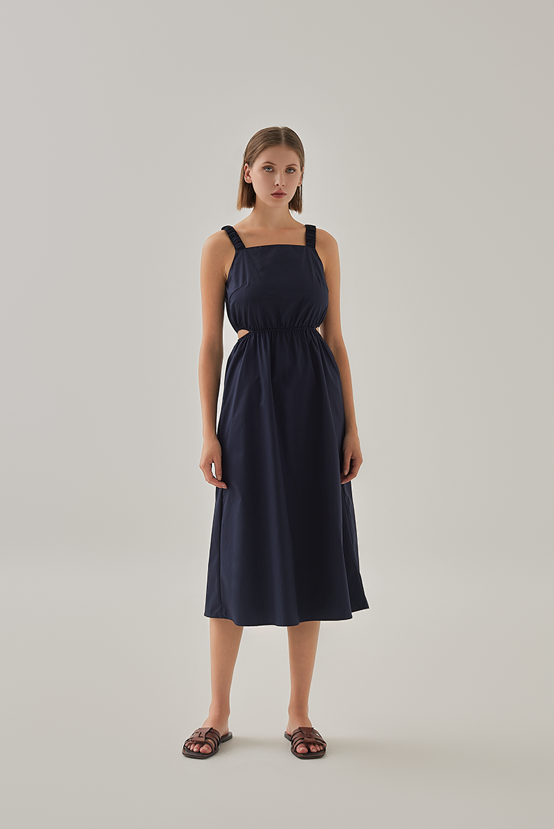 Natasha Ruched Cut Out Dress in Navy Blue
