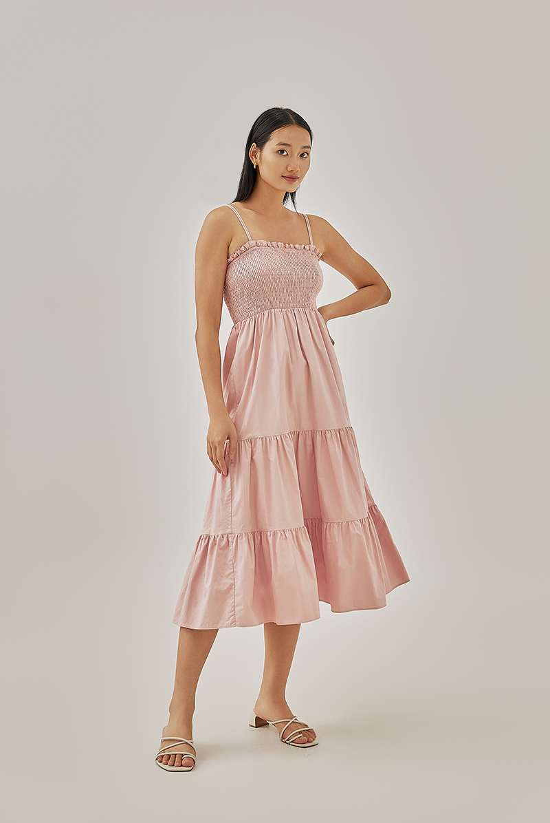Athena Double Strap Smocked Dress in Blush