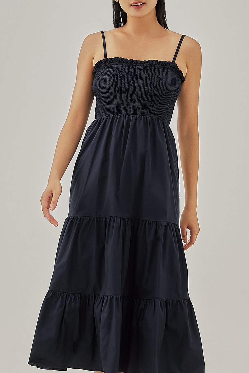 Athena Double Strap Smocked Dress in Navy Blue