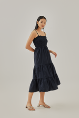 Athena Double Strap Smocked Dress in Navy Blue