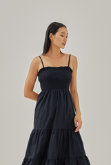 Athena Double Strap Smocked Dress in Navy Blue