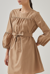Delia Ribbon Tie Dress in Khaki