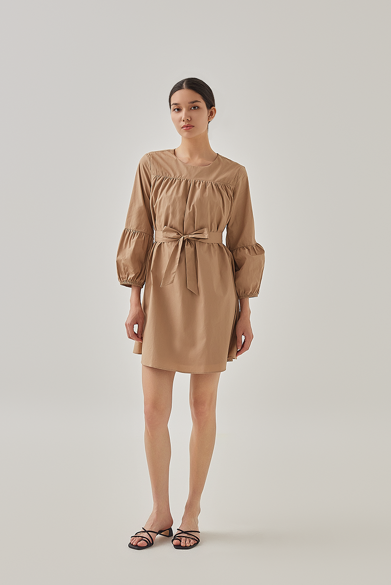 Delia Ribbon Tie Dress in Khaki