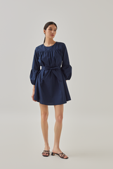 Delia Ribbon Tie Dress in Navy Blue