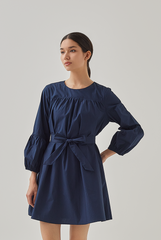Delia Ribbon Tie Dress in Navy Blue