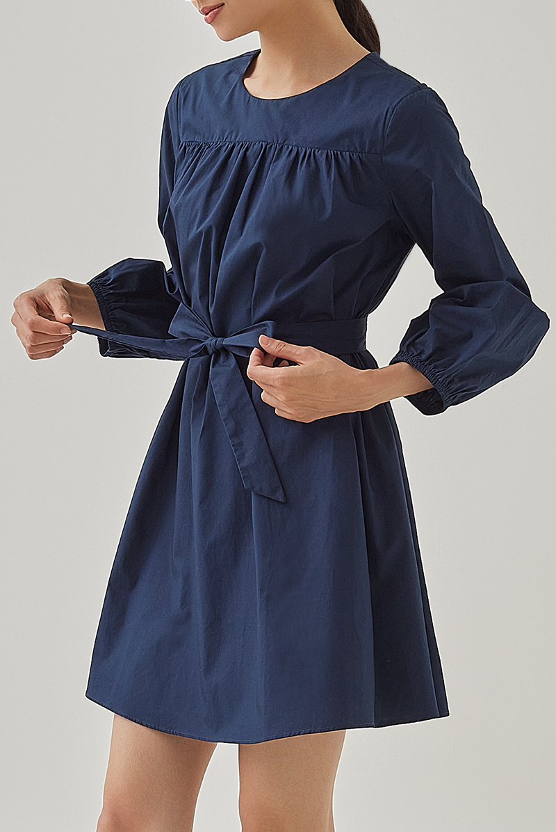 Delia Ribbon Tie Dress in Navy Blue