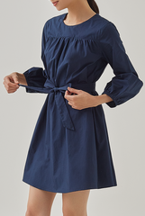 Delia Ribbon Tie Dress in Navy Blue
