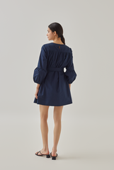 Delia Ribbon Tie Dress in Navy Blue