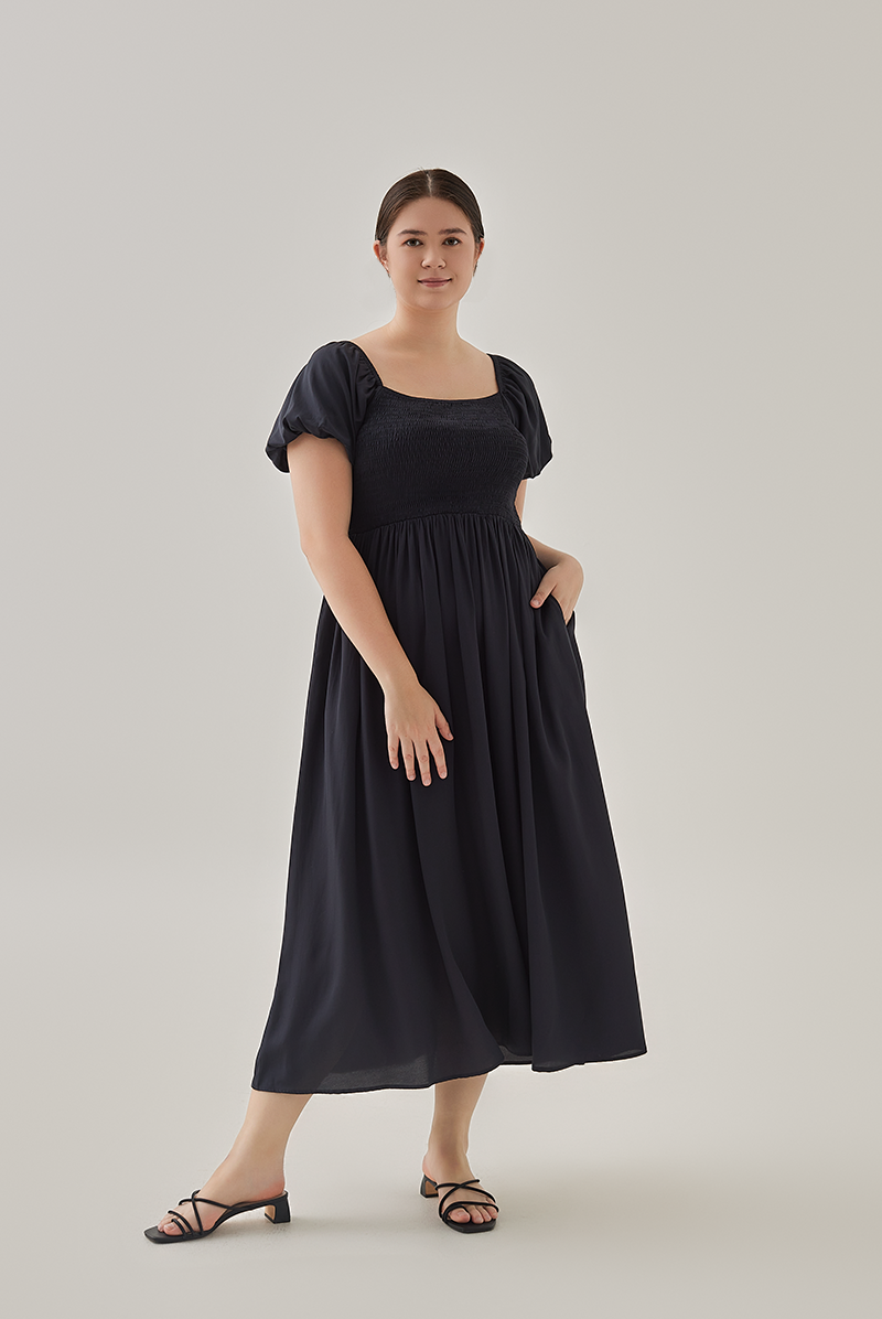 Quinn Puff Sleeves Smocked Dress in Navy Blue