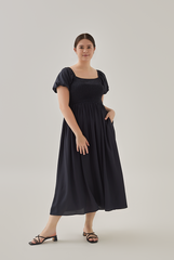 Quinn Puff Sleeves Smocked Dress in Navy Blue