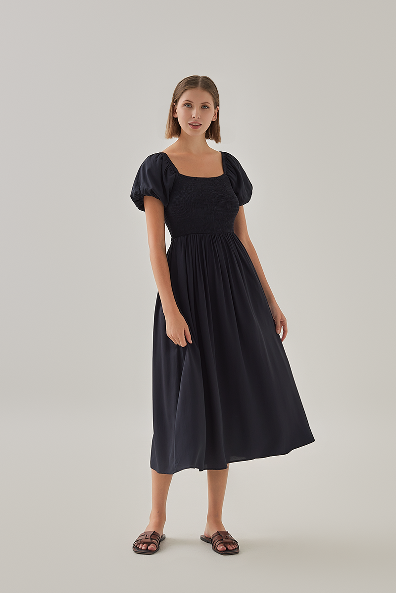 Quinn Puff Sleeves Smocked Dress in Navy Blue