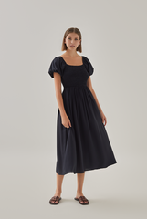Quinn Puff Sleeves Smocked Dress in Navy Blue