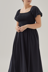 Quinn Puff Sleeves Smocked Dress in Navy Blue