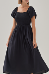 Quinn Puff Sleeves Smocked Dress in Navy Blue