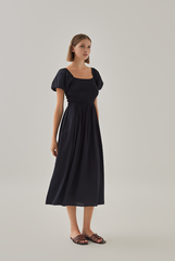 Quinn Puff Sleeves Smocked Dress in Navy Blue