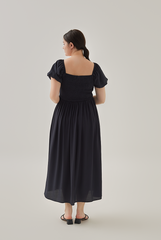 Quinn Puff Sleeves Smocked Dress in Navy Blue