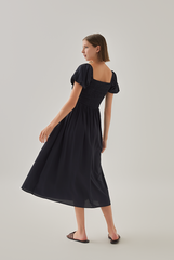 Quinn Puff Sleeves Smocked Dress in Navy Blue