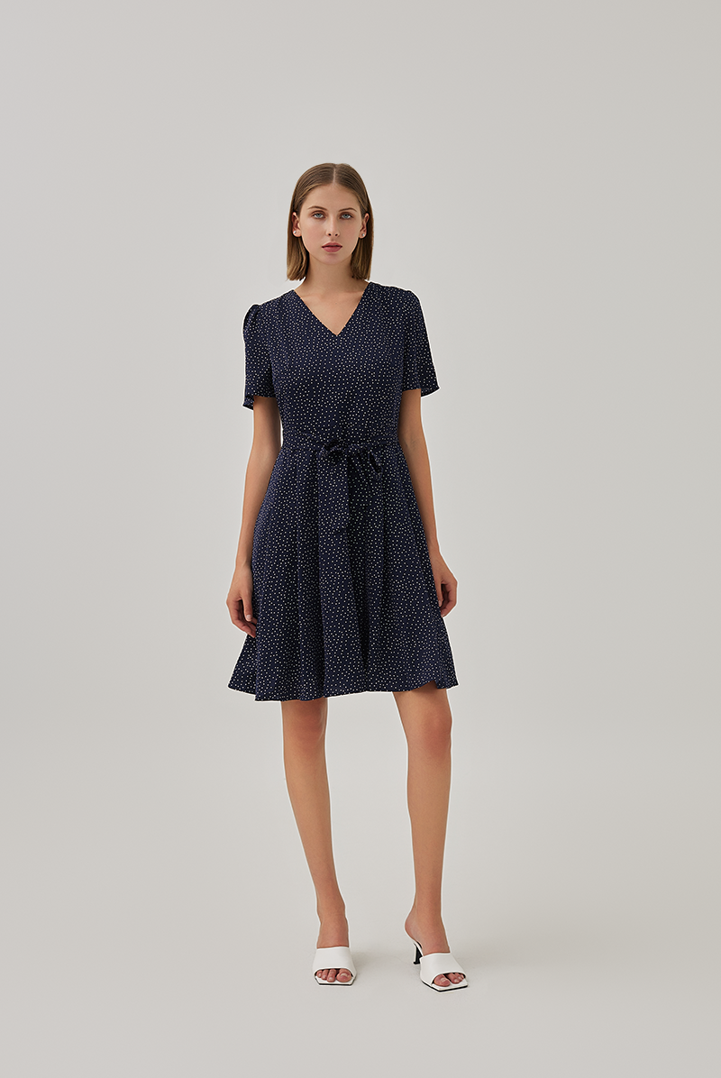 Jill Polka Dot Skater Dress in Navy Blue
